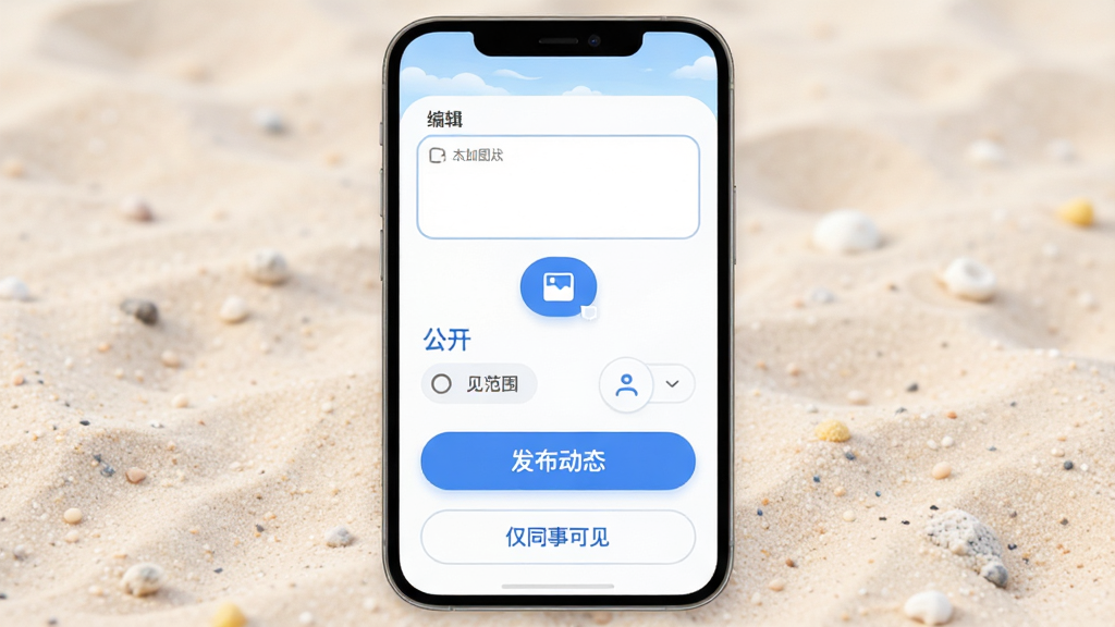 ɳ̲˵Ӧ�ö�̬��������ʾ��ͼ���ֻ���Ļ��ʾ�༭������ͼƬ��ť���ɼ���Χѡ����������Ϊǳɫɳ̲���������水ťԲ����ƣ���ɫ����ɫ�Ͱ�ɫΪ�������ֱ�ע��������̬��������������ͬ�¿ɼ���������ɾ���࣬���ʸ��塣
