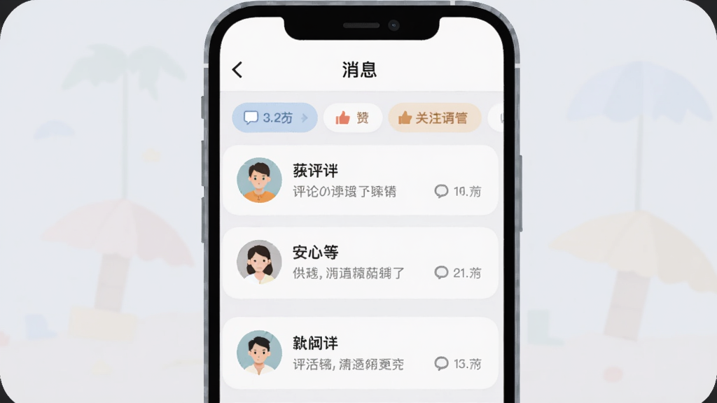 ɳ̲˵��Ϣ֪ͨ���Ľ����ͼ���廭���ֻ���Ļ��ʾ��Ϣ�б����������ۡ����ޡ���ע�ȷ����ǩ��ÿ����Ϣ���û�ͷ��ͼ�Ҫ���ݣ�����Ϊǳ��ɫ�������С���Ϣ�����⣬���岼�ֹ�������ɫ��ͣ����ʸɾ���