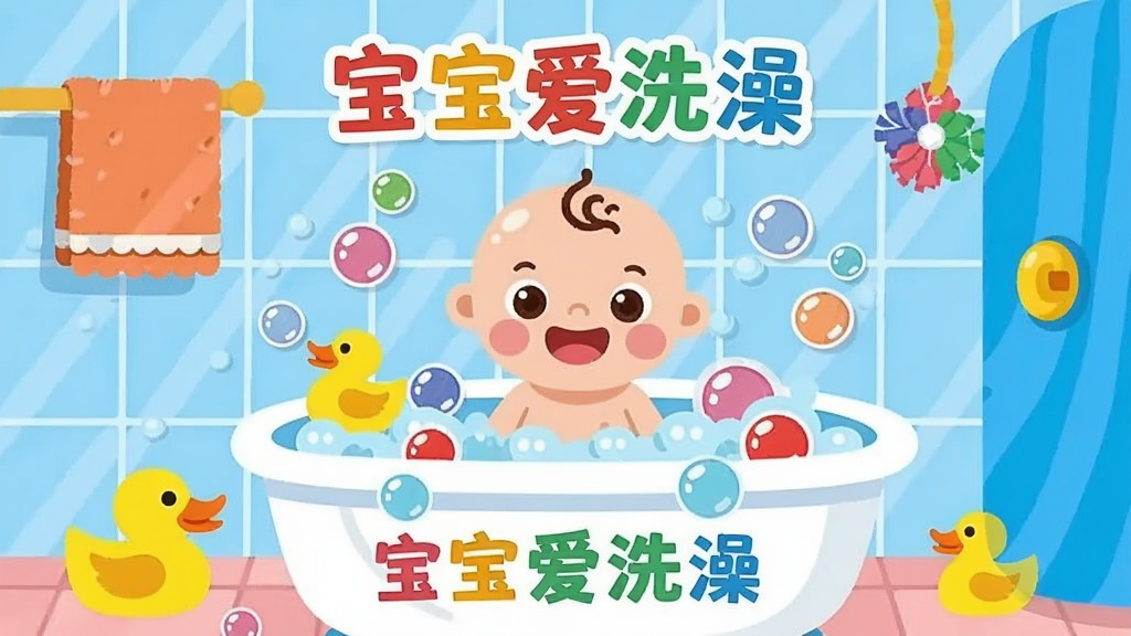 һ��ɫ������������ͯȤ�Ķ�ͯԡ�ҳ����廭������������һ�����΢Ц�Ŀ�ͨ�������ڷ������ݵ�ԡ�����ΧƯ���Ż�ɫ��СѼ�ӺͲ�ɫ���ݣ�������ǳ��ɫ�Ĵ�שǽ�棬����ë������ԡ��������Ϊ��ƽ����ͨ���ϸ�ڷḻ�����ʸɾ������������д���