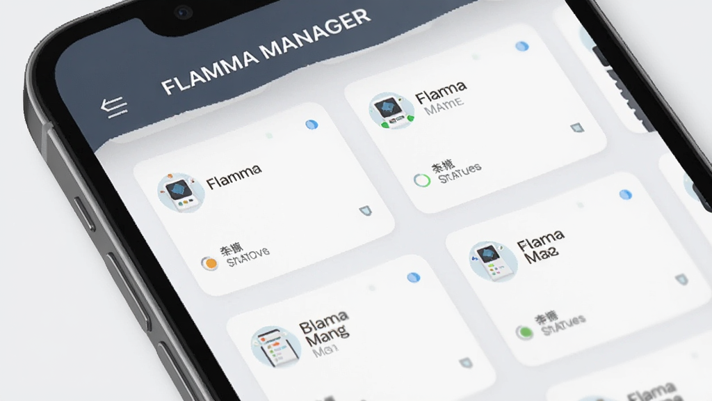 һ��չʾ Flamma Manager ���豸���������ͼƬ���ֻ���Ļ����ʾ����豸��Ƭ���У�ÿ����Ƭ�����豸���ƺ�״ָ̬ʾ�ƣ���Ļ�Ϸ��� Flamma Manager ������������ÿ�Ƭʽ���֣�����Ϊǳ��ɫ�����������ϸ�����������ʸɾ����޶���Ԫ��