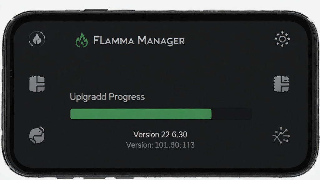 һ��չʾ Flamma Manager �̼����������ͼƬ���ֻ���Ļ��ʾ�����������Ͱ汾����Ϣ����Ļ�Ϸ��� Flamma Manager ���������������ɫ������������Ϊ��ɫ����Χ�м���ͼ��װ�Σ����ɾ����䣬ϸ�����������ʸɾ����޶���Ԫ��