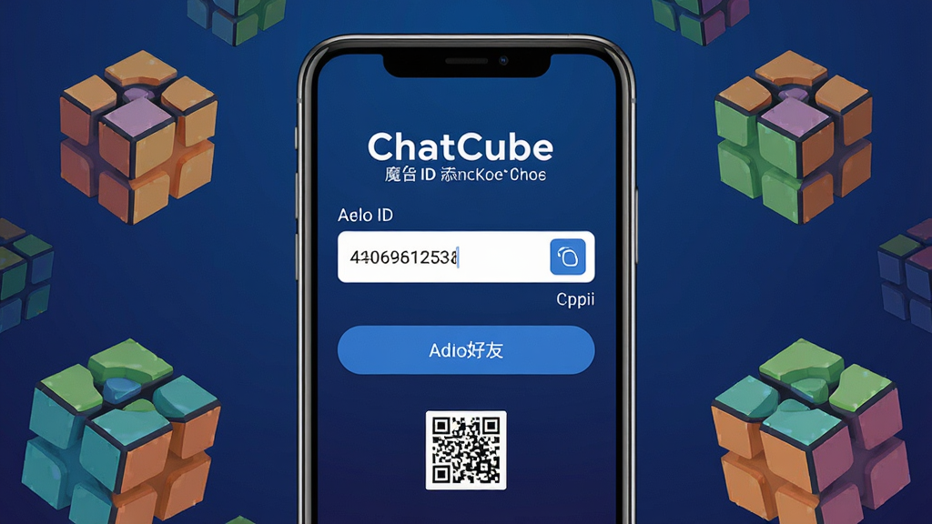 һ��չʾChatCubeħ��ID���Ӻ��ѹ��ܵ�ͼƬ������Ϊ�ֻ���Ļ��д����Ļ������ʾħ��ID���������Ӻ��Ѱ�ť������Ϊ����ɫ���䣬�������ж��ħ����״��3Dͼ�껷�ƣ�����Ϊ���жԳ�ʽ�Ű棬���Ϊ��ƽ���Ƽ��廭���ϸ�ڰ���ID���ִ������ư�ť����ά����ڣ����ʸ���ɾ����޶���Ԫ��