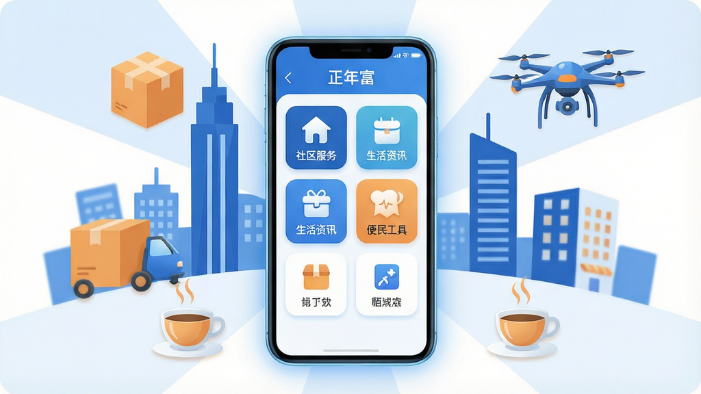 һ��չʾ���긻�������Ĺ��ܵĺϳɸ���ͼ�������������һ�������ֻ����ֻ���Ļ��ʾ���긻Ӧ�������棬���������������������Ѷ�����񹤾ߵ�ͼ��ģ�顣�ֻ���Χ�����ų���ĳ��н��������������䡢�豭�����˻���Ԫ�أ��������������������ͳ��������岼�ֲ������ķ���ʽ��ͼ���Ű��������򡣷��Ϊ�ִ���ƽ���Ƽ��廭�磬��ɫ��Ϊ��ɫ���ɫ����ů��ɫ��׺��ϸ�����ֻ���Ե����΢��Ч��ͼ���������Բ�󡣻��ʸ��壬����ɾ����޶���Ԫ�ء�