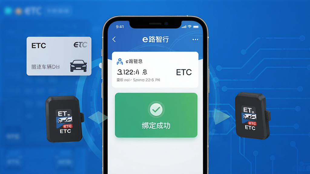 һ���ֻ�չʾ��e·���С�ETC��ҳ�棬�������г�����ETC�豸���ֻ���Ļ������ʾ�⣬������ʾ������Ϣ��󶨳ɹ�״̬������Ϊ������ɫ�Ƽ���񣬲��־��С��Ű�����������ִ���ƽ����ϸ�ڰ���ETC��Ƭ�������������ֻ�UIԪ�أ����ʸ��塢�ɾ����޶���Ԫ��