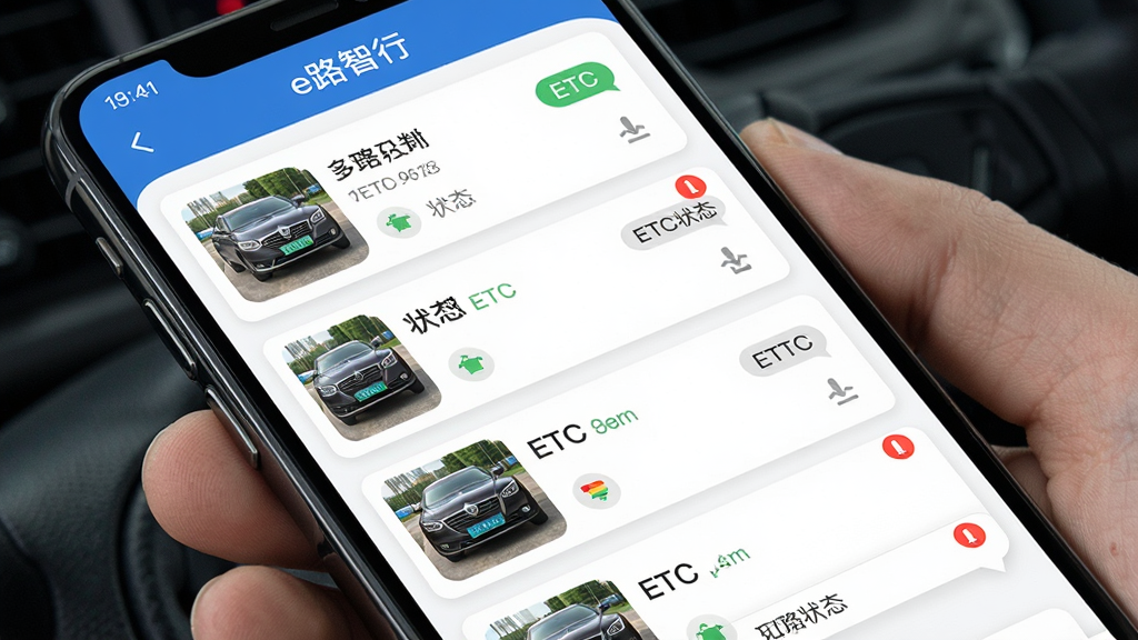 �ֻ���Ļչʾ��e·���С��೵�������棬�������ж��ų�����Ƭ��ETC״̬��ǩ����Ϣ���Ѻ�㣬����Ϊ�б�ʽ�Ű棬�����ʵ�ã�ϸ�ڰ�����������ͼ��״̬ͼ����֪ͨ���ݣ����ʸ��塢�ɾ����޶���Ԫ��
