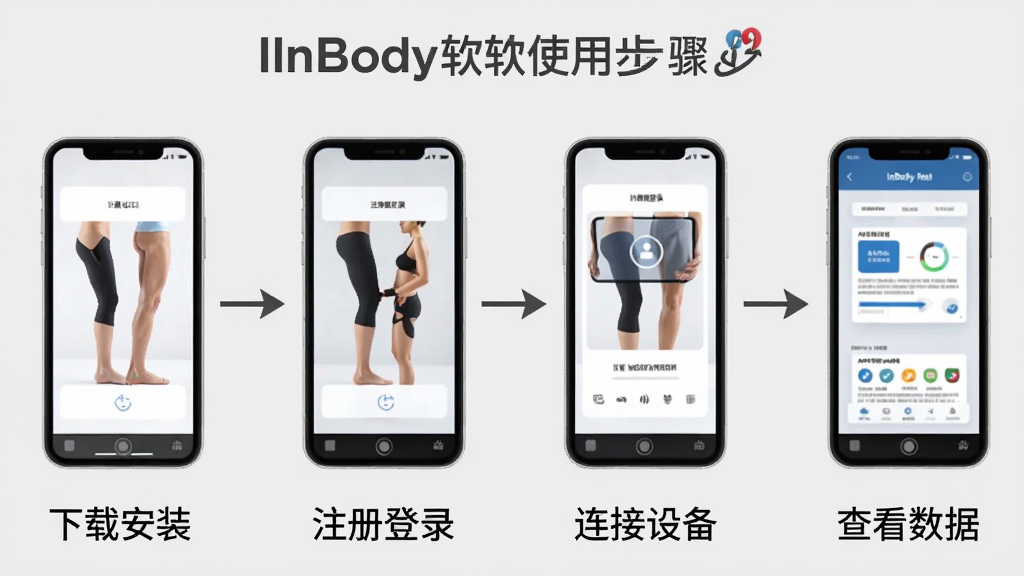 һ��չʾInBody����ʹ�ò��������ͼ�������Ϊ�ĸ����裺���ذ�װ��ע���¼�������豸���鿴���ݣ�ÿ�����������ֻ�ͼ��ͼ������˵��������Ϊǳ��ɫ���Ű�������У���������ˣ������������޶���Ԫ��