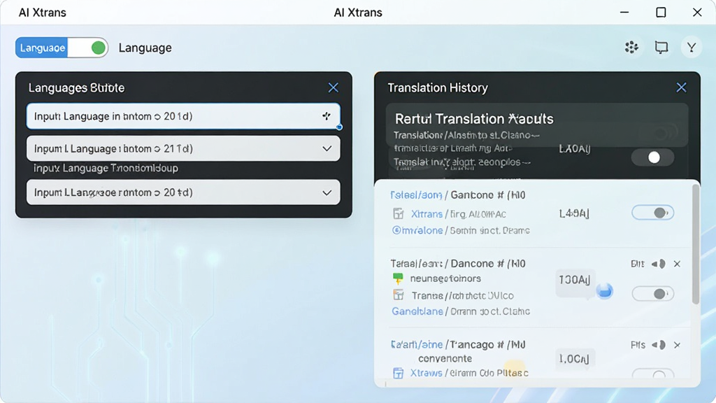 AI Xtrans ���������棬չʾ�����Է����������ʵʱ���������������ִ�������Ϊǳɫ���䣬�����ˬ�Ƽ��У�ϸ�ڰ��������л���ť�뷭����ʷ�б������������ɾ����޶���Ԫ��
