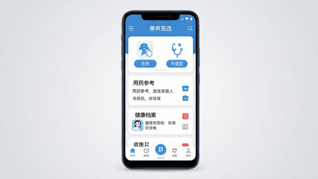 ��ҽ��ѡ����������ȫòչʾ������Ϊһ����׿�ֻ����з��ã���Ļ�ڳ�����ҽ��ѡAPP����ҳ���֣�����������ѯ��ڡ���ҩ�ο�ģ�顢����������Ƭ�͵ײ�������������������η������Ű���������Ϊ��ˬҽ��������ɫ��ϸ��������ͼ�꾫�¡�������������ťԲ�󣬻��ʸ���ɾ����޶���Ԫ�أ�����Ϊǳ��ɫ���䣬�������רҵ�ƶ�Ӧ��Ԥ��ͼЧ��