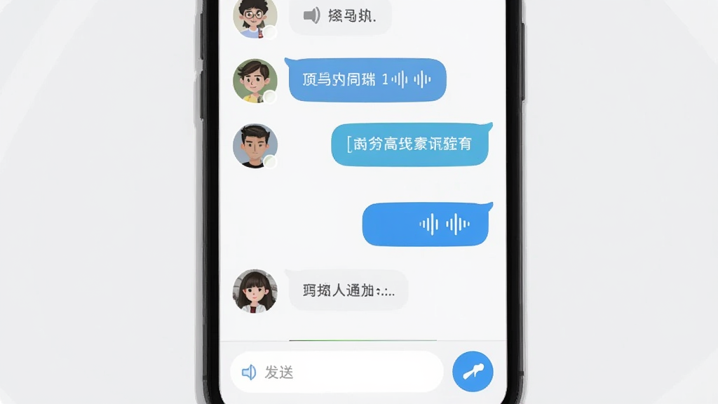 һ��չʾС��APP��ʱͨѶ���ܵĲ廭����������Ϊһ���ֻ�����Ļ����ʾ������Ի��б������Ϊ����ͷ���Ҳ�Ϊ�������ݣ������а������ֺ�������Ϣͼ�꣬�ֻ��·��������ͷ��Ͱ�ť�����ֲ������湹ͼ�����Ϊ�ִ���Լ�磬ϸ����������Բ����ƣ�������Ϣ���в���ͼ�꣬����Ϊǳ��ɫ����������������ɾ����޶���Ԫ��