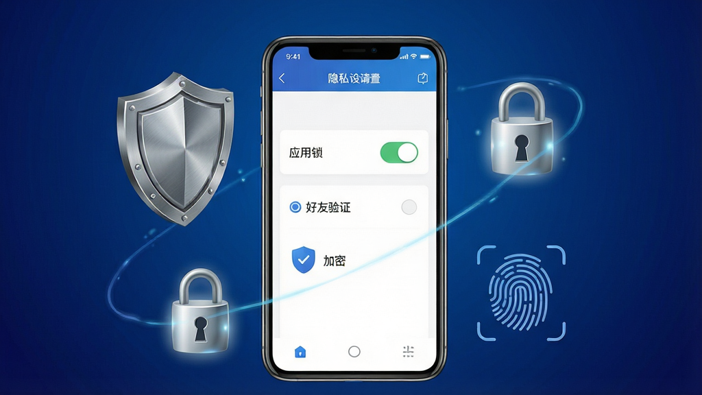 һ��չʾС��APP��ȫ����˽�������ܵĲ廭����������Ϊһ���ֻ�����Ļ����ʾ��˽����ҳ�棬����Ӧ�������ء�������֤ѡ��ͼ��ܱ�ʶ���ֻ���Χ�����Ŷ���ͼ�ꡢ����ͼ���ָ��ʶ��ͼ�������ֲ��þ��й�ͼ�����Ϊ�Ƽ���ȫ�磬ϸ���϶����н����ʸУ�����ͼ����΢��Ч��������Ϊ����ɫ���䣬��������������ɾ����޶���Ԫ��