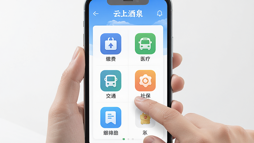 ��������Ϊ�����Ͼ�Ȫ��APP�ڵı�����񹬸���棬ͼ������ɷѡ�ҽ�ơ���ͨ���籣�ȡ������·���һ˫���ڵ���ֻ���Ļ���֡�����Ϊ�ֻ�������д���С����Ϊ���������UIչʾ��ϸ�ڰ���ͼ��ɫ����������ָ������Ȼ��������ࡣ����Ϊ���壬����ɾ����޶���Ԫ�ء�
