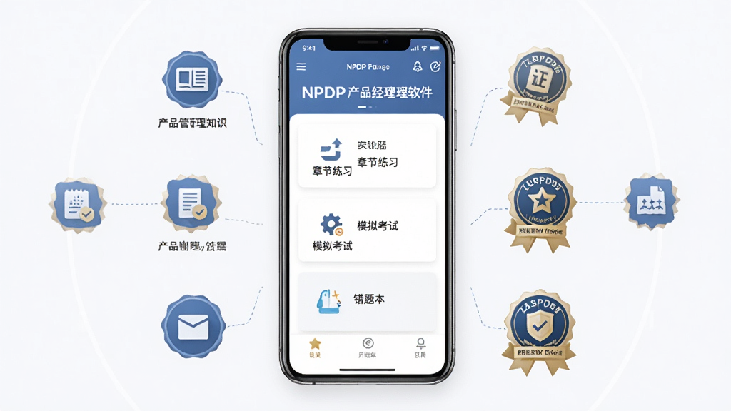 NPDP��Ʒ��������ˢ���ֻ�Ӧ�ý���չʾ�������������һ�������ֻ�����Ļ����ʾNPDP��Ʒ����������ҳ�������½���ϰ��ģ�⿼�ԡ����Ȿ�ȹ�����ڣ���Χ���Ʋ�Ʒ����֪ʶͼ������֤����Ԫ�أ����־��жԳƣ��Ű�ɾ����������Ϊ�ִ���ƽ����������磬ϸ�ھ��£����ʸ��壬�ɾ����޶���Ԫ��