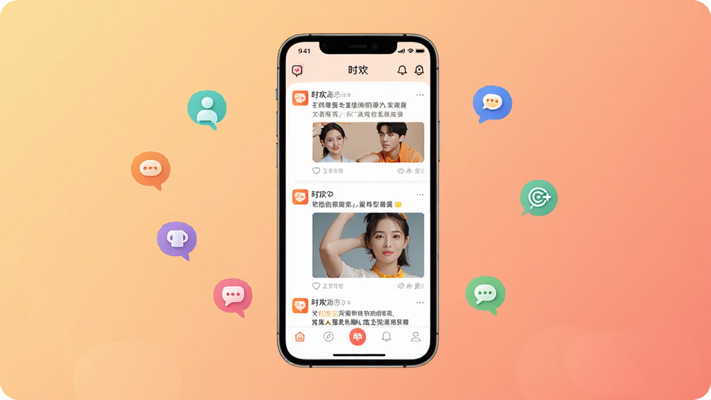 һ��չʾʱ��APP���Ľ�����ֻ�ģ��ͼ�������������ֻ���Ļ����Ļ����ʾʱ�����罻��̬���͵ײ�����������������͵�ůɫ�����䣬��ΧƯ���Ŵ�����Ȥ��ǩ�Ĳ�ɫСͼ�꣬����ִ���࣬ϸ�����������ʸ��壬�ɾ��޶���Ԫ��