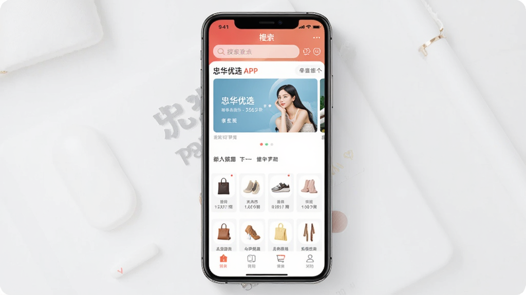 һ���ֻ���Ļչʾ����Ӧ�ý����ͼƬ����Ļ������ʾ�һ���ѡAPP��ҳ��ҳ�沼�ְ����������������в��ֲ�ͼ���·���Ʒ����ͼ�꣬������������������Ϊǳɫ���������������ɾ��޶���Ԫ��