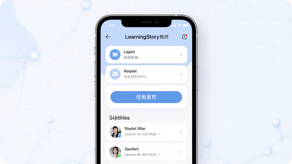 һ��չʾLearningStory ��ʦ���ֻ�Ӧ�ý����ͼƬ������������һ�������ֻ�����Ļ����ʾ��ʦ�������棬�����༶�б������񷢲���ť��ѧ����̬��Ϣ�����־��У��Ű����������Ϊ�ִ������Ƽ��У�ϸ�ڰ�����͵�������ɫ������ͼ��Ϳ�Ƭʽ���֣����ʸ��壬�ɾ����޶���Ԫ��