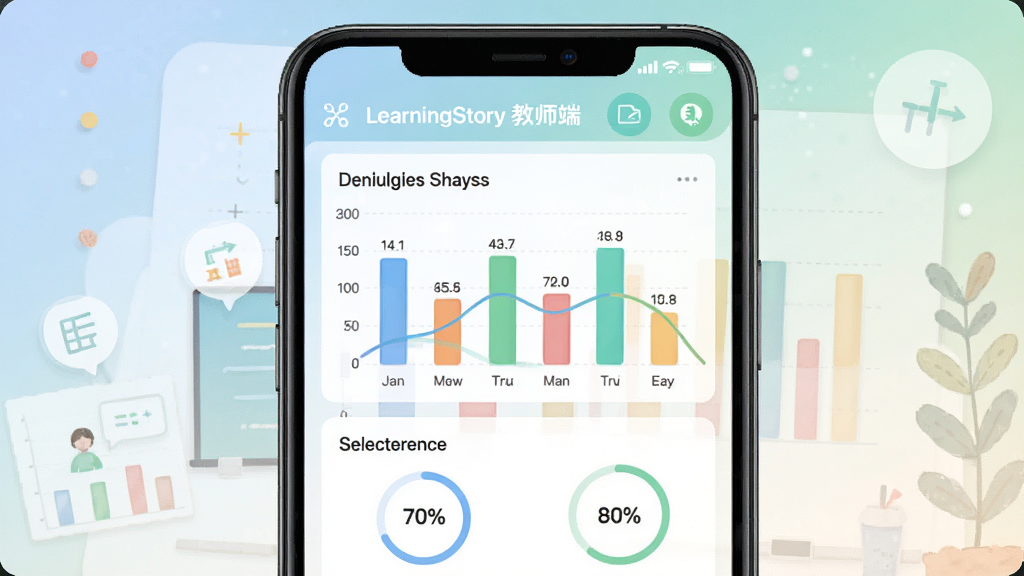 һ��չʾLearningStory ��ʦ��ѧ�鷴�����ܵ�ͼƬ�������������ֻ���Ļ��ʾ��ɫͼ�������ݷ�����壬������״ͼ������ʰٷֱȣ�����Ϊ�������У��Ű����룬���Ϊ���½����磬ϸ�ڰ�����͵Ľ��䱳�������������ֱ�ע��ͼ�꣬���ʸ��壬�ɾ����޶���Ԫ��