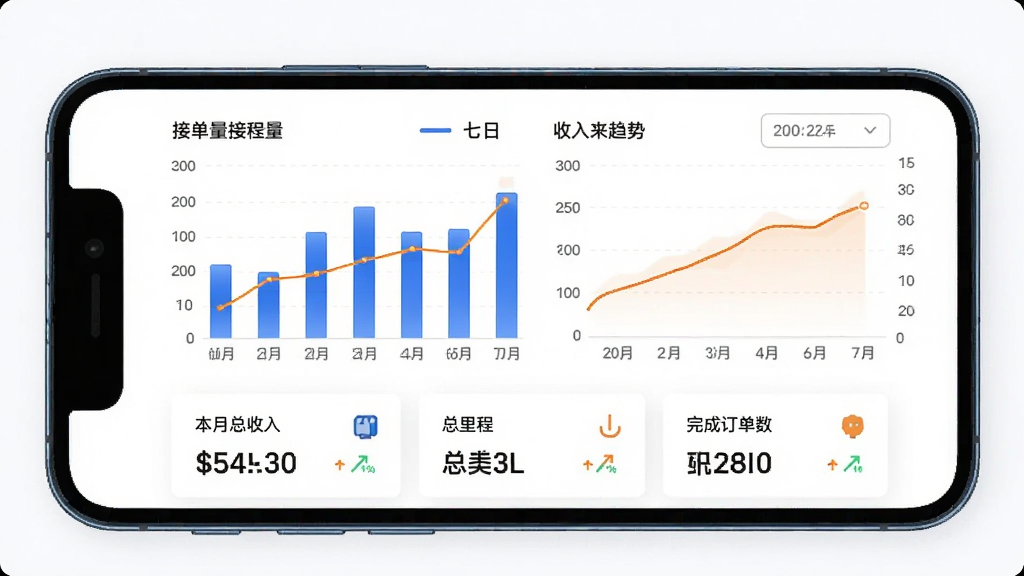 ���ͨ��������ƽ̨˾��������ͳ�ƿ�����棬�ֻ���Ļ��ʾ��״ͼ������ͼ��ͼ��չʾ�����սӵ���������仯���ƣ��·��б��������롢����̡���ɶ������������ݿ�Ƭ����ɫ����ɫ��״���ɫ����Ϊ��������Ϊ��ɫ�����Ϊ�ִ����ݿ��ӻ���ƣ�ϸ����ͻ���ٷֱȱ仯��ͷ������ɸѡ�������������ɾ��޶���Ԫ��
