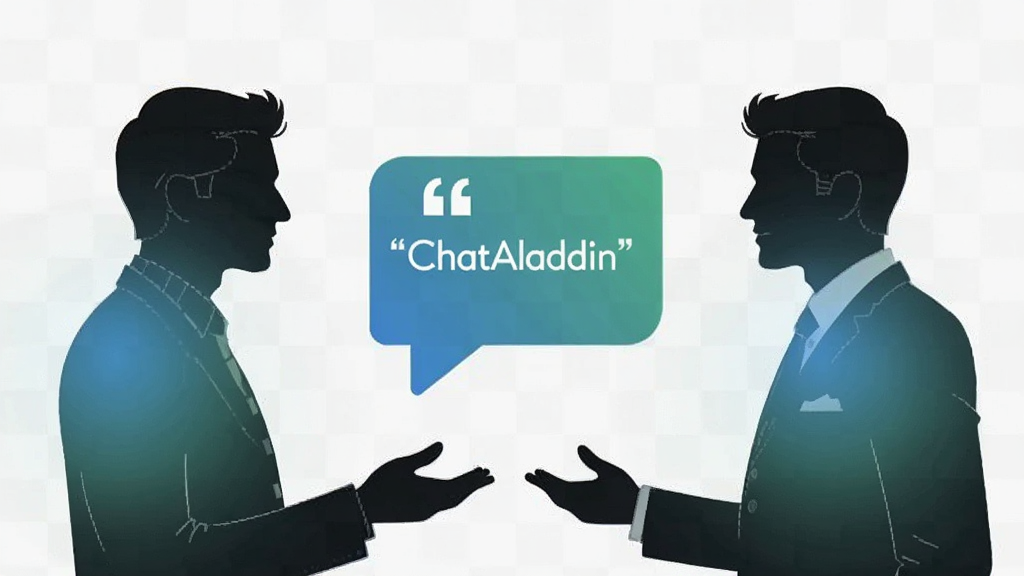 ��������Ϊ���������Ӱ����潻̸���м�Ư���� ChatAladdin �ĶԻ�����ͼ�꣬�����������ű�ע��ChatAladdin�������ֲ������ҶԳƹ�ͼ�����Ϊ��Լ����廭��ϸ���������Ӱ���н����Ч������Ϊǳ��ɫ���񣬻����������ɾ����޶���Ԫ��