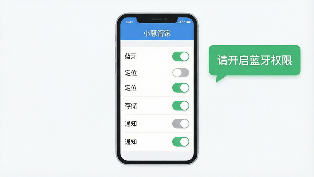 һ��չʾ�ֻ�Ӧ��Ȩ�����ý���Ĳ廭������������һ���ֻ�����Ļ����ʾС�۹ܼҵ�Ȩ�޹���ҳ�棬������������λ���洢��֪ͨ��Ȩ�޿��أ������Ա���һ����ʾ����д�š��뿪������Ȩ�ޡ������ֲ������Ĺ�ͼ���Ű�ͻ���ֻ���Ļ����ʾ���ݣ����Ϊ��ƽ��UI��Ʒ磬ϸ���Ͽ��ذ�ť����ɫ�ͻ�ɫ״̬���֣����ʸ��壬����ɾ����޶���Ԫ��