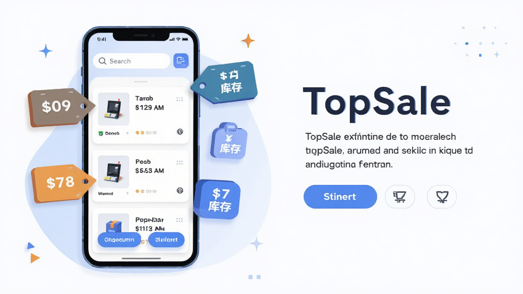 TopSale ��������Ʒ����ҳ���ͼ���廭��������һ���ֻ���ʾ��Ʒ��Ƭ�б����Ա�Ư���ż۸��ǩ����ͼ�꣬���岼����ͼ���ģ�����ƽ���Ƽ��У�ϸ�ڰ�����������ɸѡ��ť�����ʸ��壬�ɾ�������Ԫ��