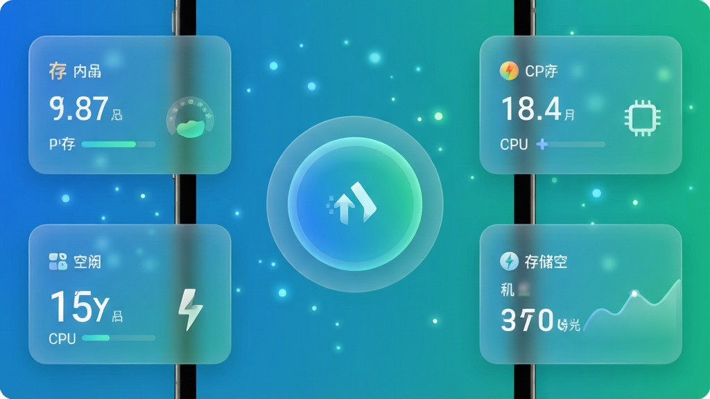 Booster����������չʾ������Ϊ�ֻ���Ļ������ʾԲ�μ��ٰ�ť����Χ�����ڴ�ռ�á�CPU�¶ȡ��洢�ռ�����ݿ�Ƭ�����ֲ�������������ʽ���Ű��������򣬷��Ϊ�ִ��Ƽ��б�ƽ����ƣ�ϸ�ڰ������̽���ɫ������͸��ë����Ч����΢�����ӵ�׺�����ʸ��壬�ɾ����޶���Ԫ��