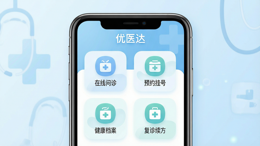 һ��չʾ��ҽ�ﻥ����ҽԺAPP��ҳ����Ĳ�Ʒȫòͼ�������������ֻ���Ļ����Ļ����ʾ����ҽ�Ӧ�������棬�����������ԤԼ�Һš��������������������ĸ���Ҫ�������ͼ�꣬�����Ǹɾ������ǳ��ɫ����ҽ�Ʒ������Ϊ�ֻ������չʾ�����־��У��Ű������������Ϊ�ִ���ƽ��UI��ƣ�ϸ����ͼ��Բ��������������ɫ��ͣ����ʸ��塢�ɾ����޶���Ԫ��