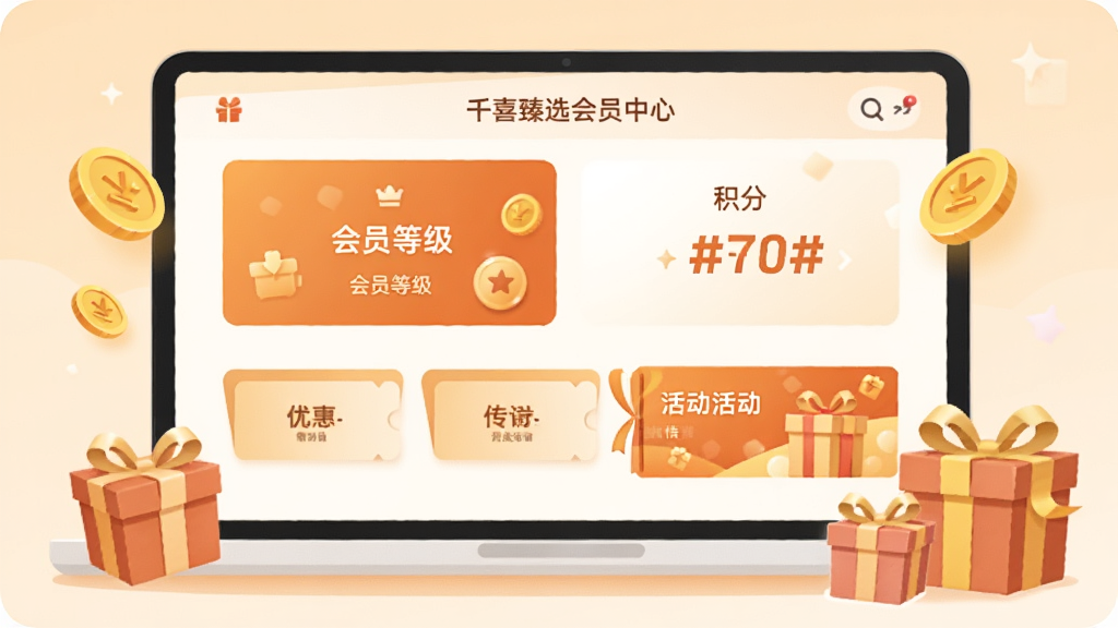����չʾǧϲ��ѡ��Ա����ҳ�棬��Ļ����ʾ��Ա�ȼ���Ƭ���������֡��Ż�ȯͼ�����������Χ��׺��ҡ�����е�Ԫ�أ����Ϊ��ů��ɫ����ƽ�廭���Ű���У���������������