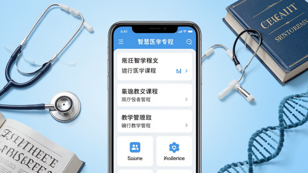 �ǻ�ҽרAPP����������չʾ�������������һ�������ֻ����ֻ���Ļ����ʾҽѧ�γ��б����ѧ��������ģ�飬����Ϊǳ��ɫ���䣬��Χ������������ҽѧ�鼮��DNA������ҽѧԪ�أ����岼�־��жԳƣ���������£�ϸ�����������ʸ��壬����ɾ��޶���Ԫ��