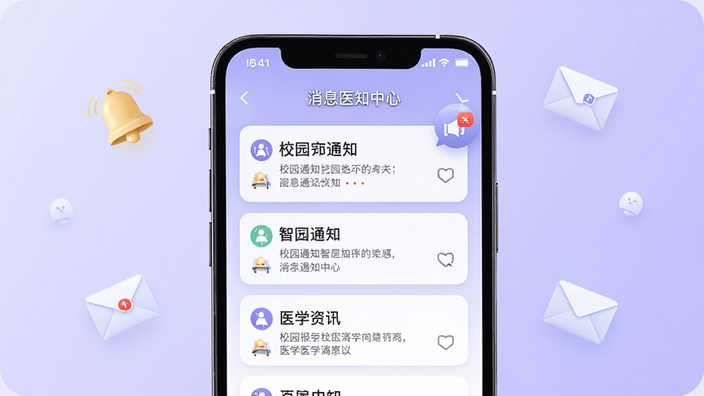 �ǻ�ҽרAPP��Ϣ֪ͨ���Ľ��棬�ֻ���Ļ��ʾ����У԰֪ͨ��ҽѧ��Ѷ��Ƭ����Ļ�Ϸ�������������ʾ������Ϊ����ɫ���䣬��Χ��׺�������ŷ�ͼ�꣬����ִ���Լ������������ϸ�ھ��£����ʸ��壬�޶���װ��