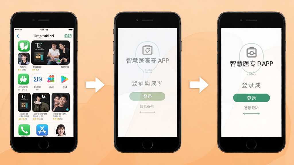 �ǻ�ҽרAPP��װ���¼����ָ��ͼ������չʾ�ֻ���Ļ��Ӧ���̵����ذ�װ����¼�ɹ��ķֲ���ͼ���Ա����м��ļ�ͷָʾ������Ϊǳ��ɫ���䣬����ƽ���̳�ͼʾ��������������ϸ����ȷ�����ʸ��壬�޶���Ԫ��