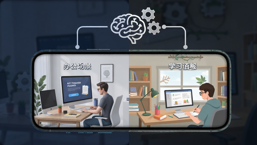 AI Agent���� ���Ի������볡�����书��չʾ����������Ϊ�ֻ���Ļ����Ļ����ʾ������ͬ�����û����棬���Ϊ�칫�������Ҳ�Ϊѧϰ��������Ļ�Ϸ���һ��������״��ͼ�꣬�����Ŵ�������ĳ��֣�����Ϊ���ҶԱȣ����Ϊ�ִ�UI���չʾ��ϸ�ڰ���������ͼ�������ֱ�ǩ�������������ɾ����޶���Ԫ��