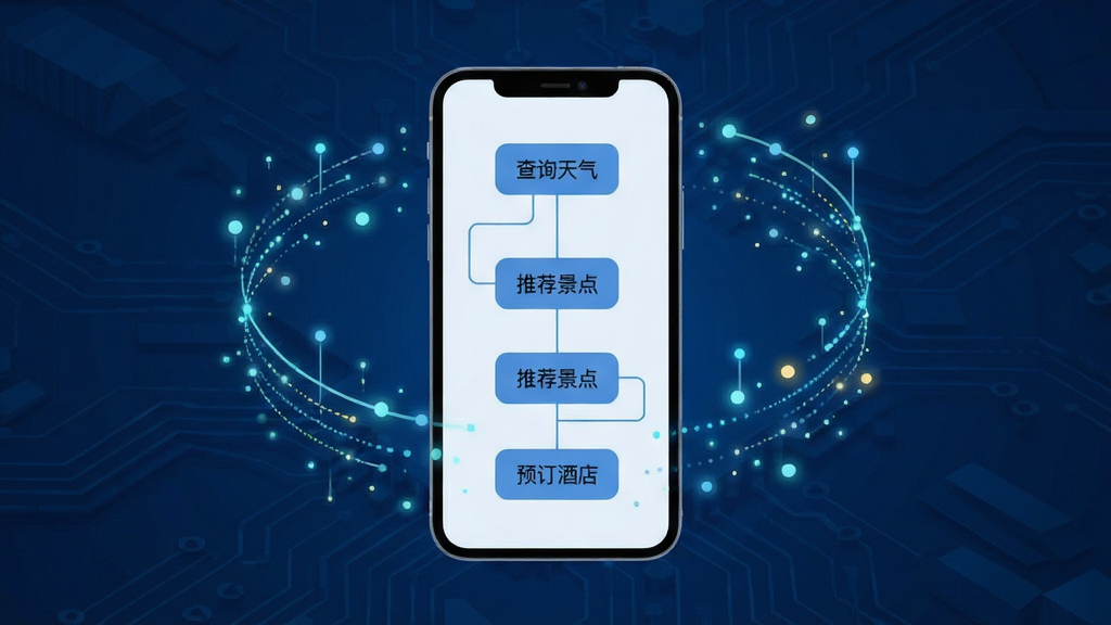 AI Agent���� ���������Զ���ִ�й���չʾ����������Ϊһ���ֻ�����Ļ�г�������������ͼ���������ڵ�ͨ���������ӣ��ڵ��ϱ�ע����ѯ�����������Ƽ����㡱����Ԥ���Ƶꡱ�����֣��ֻ���Χ�����Ŵ������������Ĺ�㣬����Ϊ����ɫ�Ƽ����������Ϊ��ƽ���廭��ϸ�ھ��£������������ɾ����޶���Ԫ��