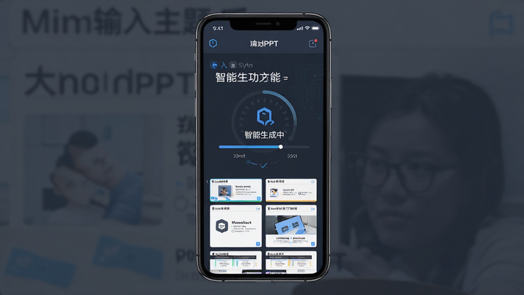 MindPPT�������ɹ��ܽ��棬����չʾ�ֻ���Ļ���û���������������Զ�������ʾ�ĸ��ٵĹ��̣������г��֡����������С��Ľ�����ʾ���ҳ�õ�Ƭ����ͼԤ��������Ϊ�ֻ������Ԫ�أ�����Ϊ����չʾ�����Ϊ��ƽ���Ƽ��У�ϸ����ͻ��������ͼ��������ȣ����ʸɾ����壬�����ұ���