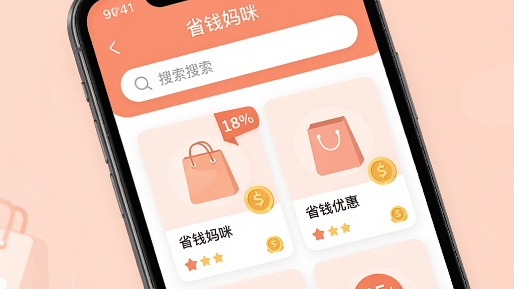 ����Ϊһ�������ֻ���Ļ��д����Ļ��չʾ��ʡǮ���䡱Ӧ����ҳ���棬����Ϊ�Ϸ���������·���Ʒ�Żݿ�Ƭ�б����Ű�������½ṹ�����Ϊ������ů�ĳȷ�ɫϵ��ƽ����ƣ�ϸ�ڰ��������ͼ�ꡢ�ۿ۱�ǩ�����Ԫ�أ����������ɾ��޶���Ԫ��