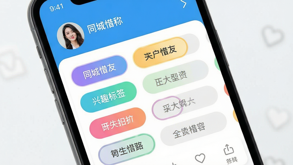 ͬ��ϧ����Ȥ��ǩƥ�书�ܽ��棬����Ϊ�ֻ���Ļ��д����Ļ����ʾͬ��ϧ��APP�����ϱ༭ҳ�棬����Ϊ�������е���Ȥ��ǩѡ�������Ű�Ϊ�����ɫԲ�Ǳ�ǩ����ֲ������Ϊ�����罻Ӧ��UI���ϸ�ڰ�����ѡ��ǩ�ĸ���Ч����δѡ��ǩ��ǳ�ҵ�ɫ����������ͷ�����ǳƣ���������������ɾ����޶���Ԫ��