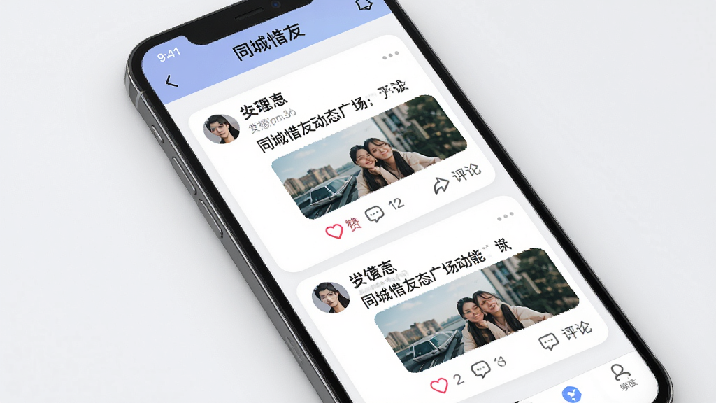 ͬ��ϧ�Ѷ�̬�㳡����չʾ������Ϊ�ֻ���Ļ����Ļ����ʾͬ��ϧ��APP�Ķ�̬��Ϣ��ҳ�棬����Ϊ��Ƭʽ���¹����б����Ű�Ϊÿ����̬�����û�ͷ���ǳơ��������ݡ�ͼƬ�뻥����ť�����Ϊ�ִ��罻��Ϣ��UI���ϸ�ڰ���Բ�ǿ�Ƭ����ɫ����������������ͼ�꣬���ʸ��壬����ɾ����޶���Ԫ��