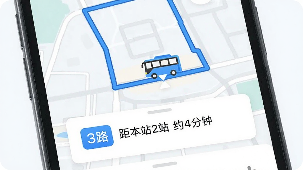 �ֻ���Ļ��ʾ��ͼ���棬��ͼ������ɫ·�ߺ��ƶ��Ĺ�����ͼ�꣬�·���Ƭ��ʾ��3· �౾վ2վ Լ4���ӡ�����������ˬ���԰�ɫ����ɫΪ��ɫ�����Ű����룬�����������ɾ��޶���Ԫ�ء�