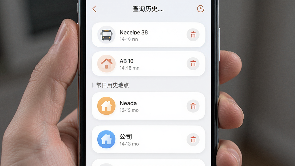 ��﹫��ʵʱ����ʷ��¼�볣�õص���棬�ֻ���Ļ��ʾ��ѯ��ʷ�б��볣�õص��ǩ����ǩ�����ҡ���˾ͼ�꣬������Բ�ǣ�ϸ�ڰ���ʱ�����ɾ����ť�����ʸ��壬�ɾ����޶���Ԫ��