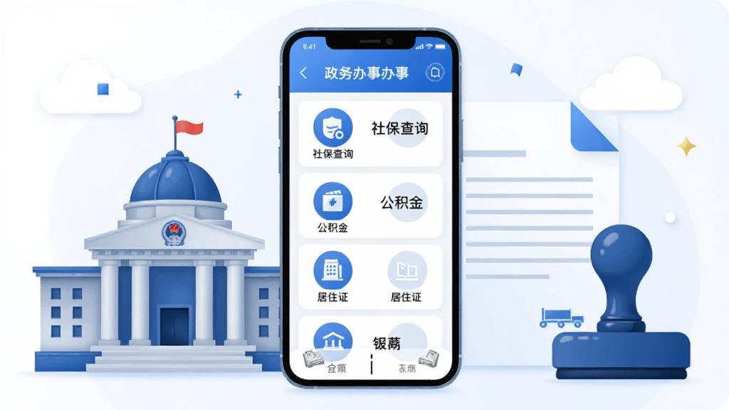 һ��չʾ���ֹ���APP������¹��ܵĲ廭��������һ���ֻ���Ļ��ʾ��������б�ҳ�棬�����籣��ѯ�������𡢾�ס֤��ͼ�꣬�ֻ���Χ������������¥���ļ���ӡ�µ�Ԫ�أ�����ɫ��Ϊ��ɫ�Ͱ�ɫ����������񣬻��ʸ��壬�ɾ��޶���Ԫ��