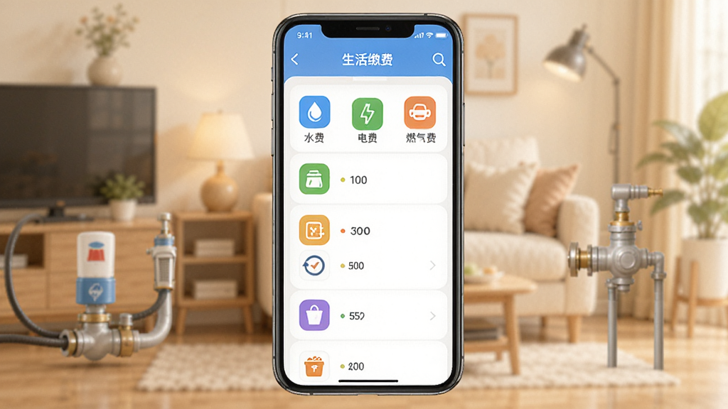 һ�����ֹ���APP����ɷѹ��ܽ���ͼ���ֻ���Ļ����չʾ�ɷ���Ŀ�б�������ˮ�ѡ���ѡ�ȼ���ѵȲ�ɫͼ�꣬����Ϊ��ܰ�ļ�ͥ��������ˮ��ȼ����Ԫ�ص�׺�����������������������������޶���Ԫ��