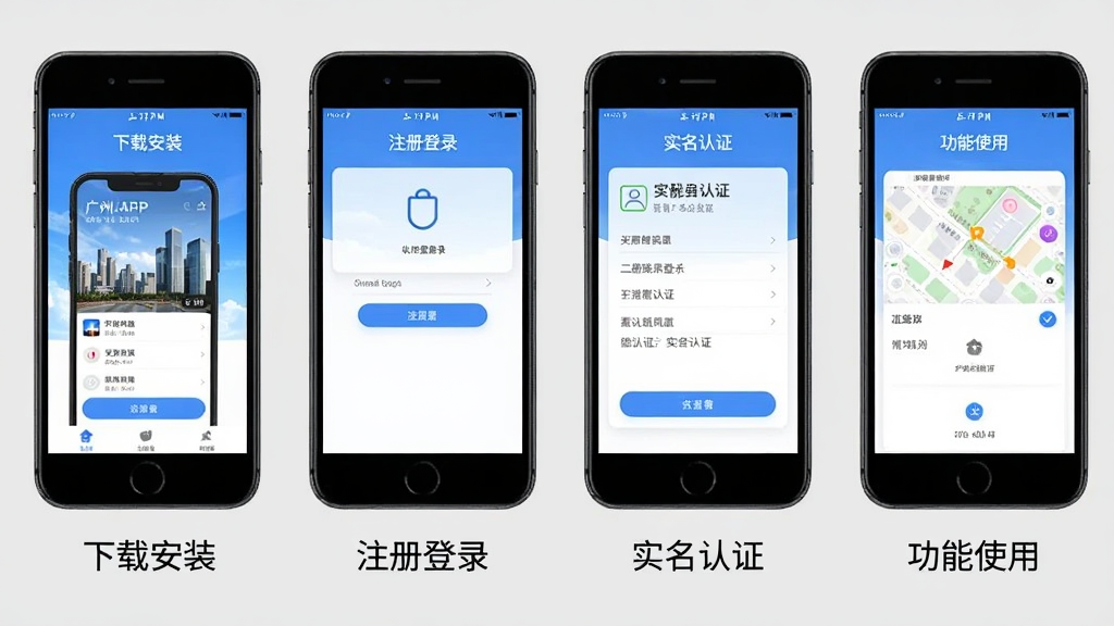 һ��չʾ���ֹ���APP�ƶ��˲��������ʾ��ͼ�������Ϊ�ĸ��ֻ���Ļ���ֱ�չʾ���ذ�װ��ע���¼��ʵ����֤������ʹ���ĸ����裬ÿ����Ļ�·����м�Ҫ����˵��������Ϊǳ��ɫ����������̷̳磬�����������޶���Ԫ��