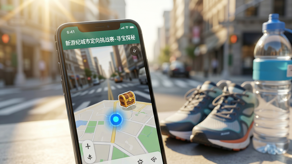 һ���ֻ���Ļ��д����Ļ����ʾ�����μͳ��ж�����ս��-Ѱ��̽�ء���GPS��λ���棬��ͼ����һ����˸����ɫ���ͱ���ͼ�꣬�����ǳ��нֵ����黯��Ƭ���ֻ��Ա߷���һ˫�˶�Ь��һƿˮ���峿����б�䣬����ɾ�������дʵ��񣬸��廭�ʣ��޶���Ԫ��
