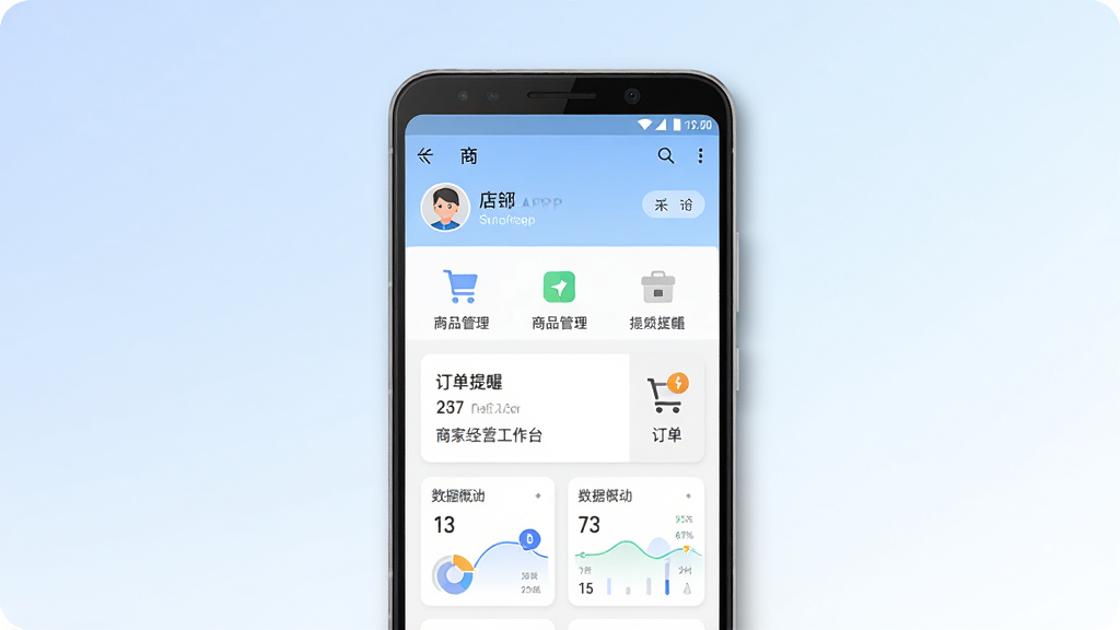 �����̼�APP������չʾ������������һ����׿�ֻ�����Ļ����ʾ�̼Ҿ�Ӫ����̨ҳ�棬��������ͷ����Ʒ����ͼ�ꡢ�������ѿ�Ƭ�����ݸ���Сͼ������Ϊǳ������ɫ����ͽ��䣬�����������У�������ִ���ƽ����ϸ�����ֻ���Ե����΢��Ӱ������ɾ����������ʸ��壬�޶���Ԫ��