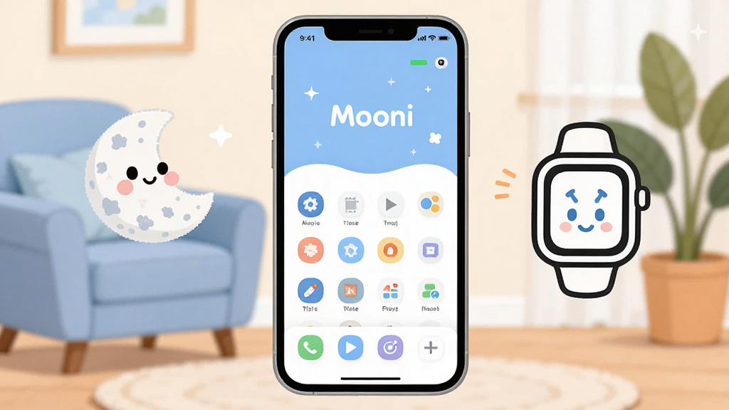 ��������չʾһ�������ֻ�����Ļ�ϴ�����Ϊ��Mooni����Ӧ�ó��������棬������Ƽ�࣬����͵�����ɫ��Ϊ�����ֻ����������һ���ɰ��Ŀ�ͨ����ͼ�꣬�Ҳ�Ư����һ����ͯ�����ֱ�����������������ܰ�ļҾӻ�������ɳ������ֲ��������Ϊ��ƽ���廭��ϸ�ڰ����ֻ���Ļ�ϵĹ���ͼ���״ָ̬ʾ�ƣ������������ɾ��������޶���Ԫ�ء�