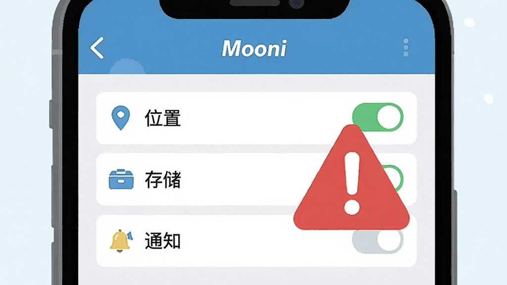 һ���ֻ���Ļ��ͼ���Ĳ廭��չʾ��Mooni��Ӧ�õ�Ȩ������ҳ�棬ҳ�����С�λ�á������洢������֪ͨ������Ȩ��ѡ��Ա���һ����ɫ�ľ���ͼ�ꡣ������Ϊ��ƽ��UI����ɫ���������ʸɾ����޶���Ԫ�ء�