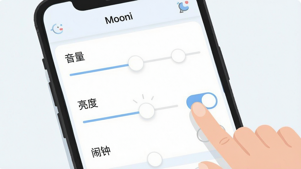 һ���ֻ������ͼ���Ĳ廭��չʾ��Mooni��Ӧ���ڵ��豸����ҳ�档ҳ�����ж������ؼ��Ϳ��ذ�ť���ֱ��ע���������������ȡ��������ӡ���һֻ�����������һ�����ء�������ɫΪǳɫϵ��ͼ���ࡣ������Ϊ��ƽ��UI��ƣ������������ɾ����޶���Ԫ�ء�