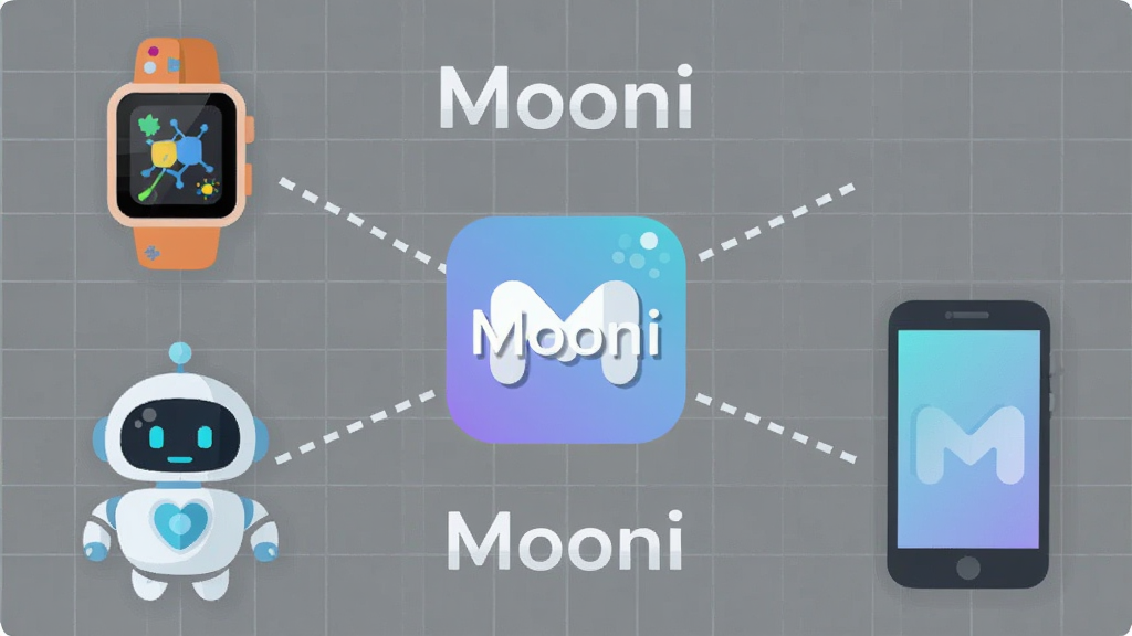 һ�ű�ƽ�����ĿƼ��廭�������ǡ�Mooni��Ӧ��ͼ�꣬��Χ�Է���״��������̨��ͬ��ʽ�������豸��һ���ͯ�ֱ���һ��С��AI�����ˡ�һ���ֻ���������Ϊ���ߣ���������ͬ��������Ϊǳ��ɫ����ͻ���Ƽ��С������д��С�Mooni�����ֱ�ʶ�����־��⣬����࣬�����������޶���Ԫ�ء�