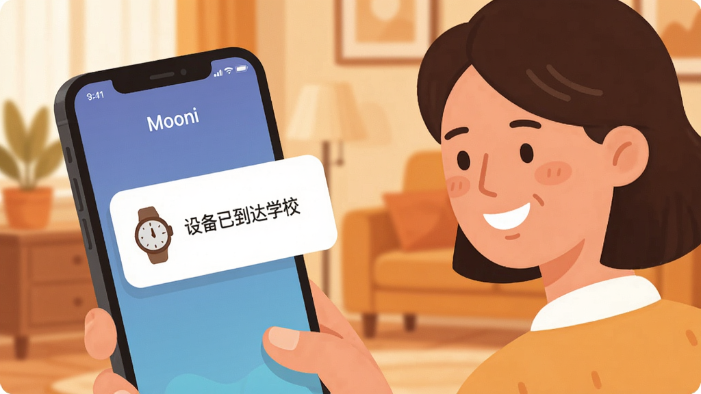 �廭չʾһλ�ҳ�΢Ц�ſ��ֻ����ֻ���Ļ����ʾ��Mooni��Ӧ�÷����İ�ȫ����֪ͨ��֪ͨ���ݰ���һ���ֱ�ͼ���һ����ʾ���֡��豸�ѵ���ѧУ������������ܰ�ļҾӻ�����ɫ����ů��������ñ�ƽ�����ϸ�ڰ���֪ͨ��Ƭ��Բ����ƺ�״̬��ͼ�꣬�����������ɾ����޶���Ԫ�ء�