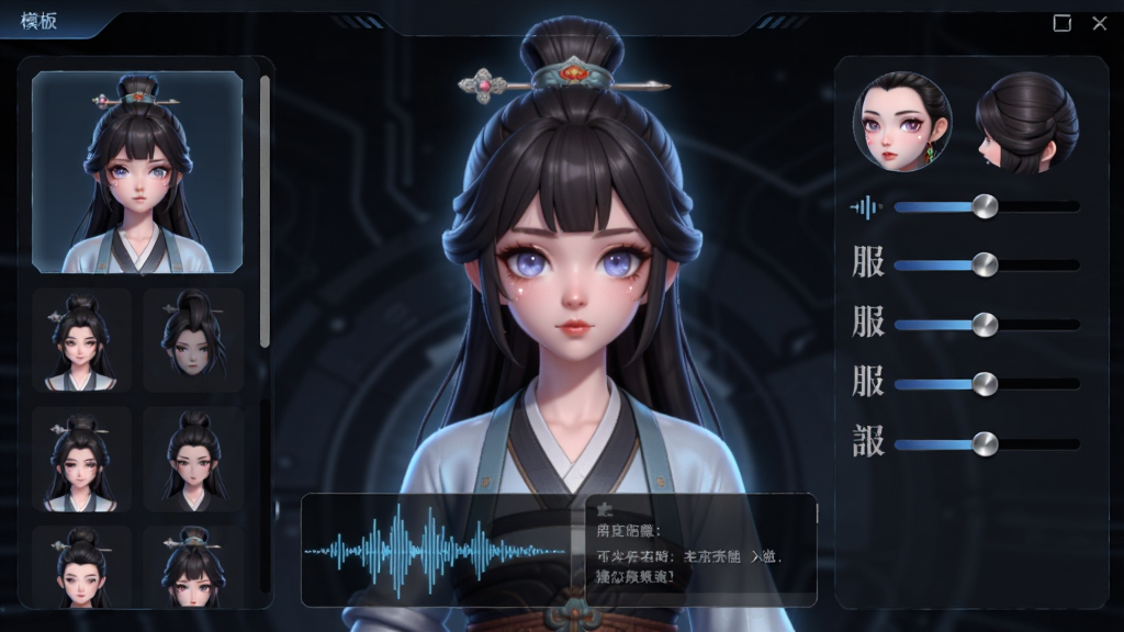 ������չʾһ�������ɫ��ƽ��棬����������һ���ŷ綯��Ů�Խ�ɫ������ǽ�ɫģ���б����Ҳ�����١����͡����εĵ��ڻ��顣��ɫ�·���һ����Ƶ����ͼ��һ����Ļ�ı��򡣽�����Ϊ��ɫ�Ƽ��磬���������ɫ���Ρ�ϸ�ڰ�����ɫ�۾��ĸ߹⡢�������Ľ����ʸС�����ͼ�Ķ�̬�����������������ɾ����޶���Ԫ�ء�