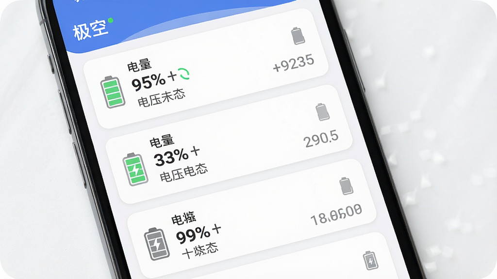 һ��չʾ�����ա�App���豸�����б������ͼƬ����������Ϊ�ֻ���Ļ������Ϊ��ֱ��Ƭ�б�����Ļ����ʾ�������豸��Ƭ��ÿ�ſ�Ƭ�����豸���ơ������ٷֱȡ���ѹ��ֵ������״̬�����Ϊ��ˬ��ƽ����ƣ�ϸ�ڰ�����ɫ���߱�ʶ����ɫ���߱�ʶ�����ͼ�꣬���ʸ��壬�ɾ����޶���Ԫ��